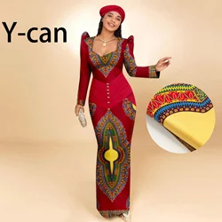 African Party Dresses for Women Long Sleeve Heart-collar Dress with Free Headscarf for Wedding Party Elegant Lady Dress 2425129