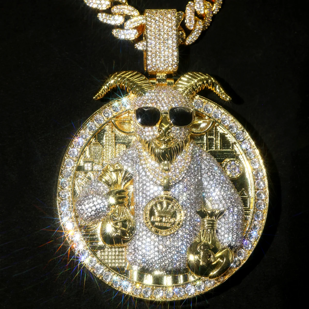 

New Iced Out Bling 5A CZ Letter Goat Pendant Necklace Cubic Zirconia Figaro Cuban Chain Badge Charm Men Hip Hop Jewelry