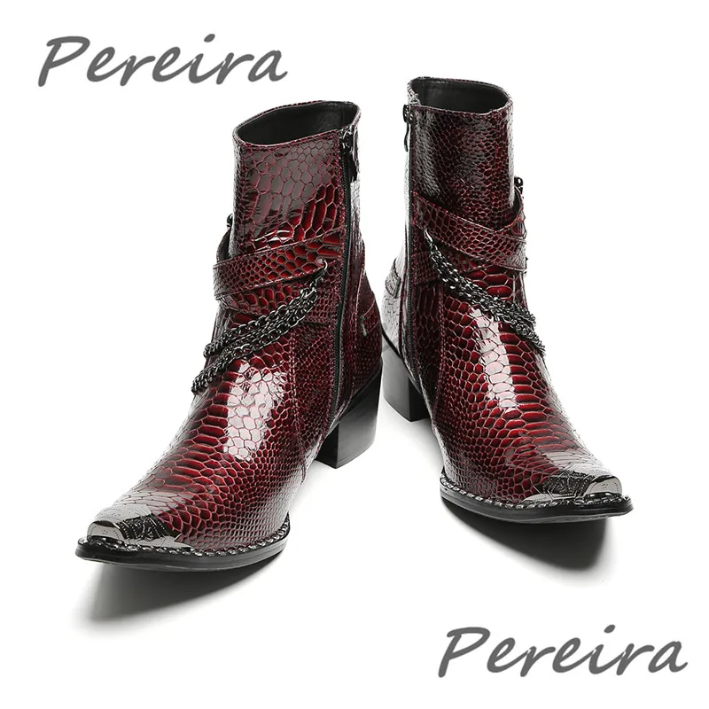 Men Buckle Strap Chain Motorcycle Boots Metal Pointy Toe Side Zipper High Heel Chelsea Boots Fashion Nightclub Party Male Shoes