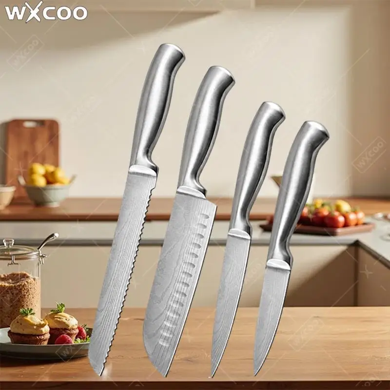 WXCOO Full Steel Professional Kitchen Knife Utility Knife Santoku Knife Damascus Laser Pattern Chef Fruit Slicing Bread Cutter