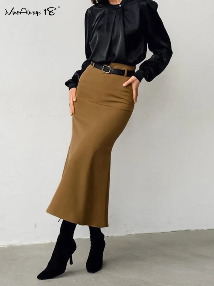 Mnealways18 Brown Vintage Women Mermaid Skirts Autumn Winter 2024 Elegant High Waist Bodycon Skirts Office Lady Slim Midi Skirts