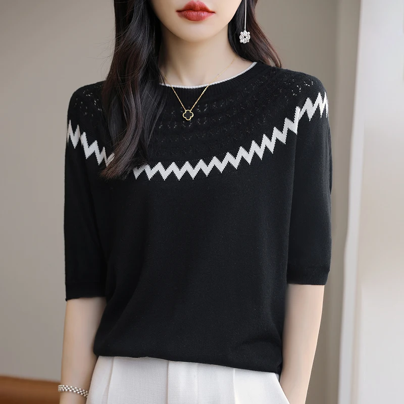 

Summer New Wool Knitted Short Sleeved Women's thin One-Piece Ready To Wear T-Shirt With Hollowed Out Contrasting Color Top