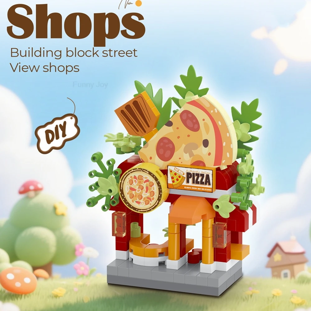 Grappige bibliotheek Snoepwinkel Dierenwinkel Brood Straatzicht Koffieshop Stad Miniatuur Kleine bouwstenen Ornamenten Winkel DIY Speelgoed