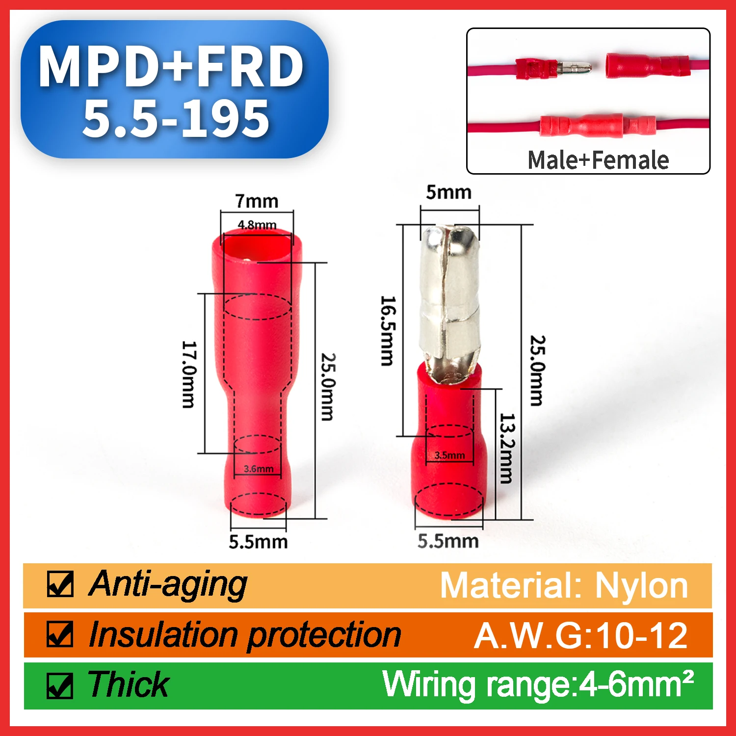 Male Female butt-joint Connector Insulated Crimp terminals MPD/FRD1.25 MPD/FRD2 MPD/FRD5 100pcs Quick electrical cable connector