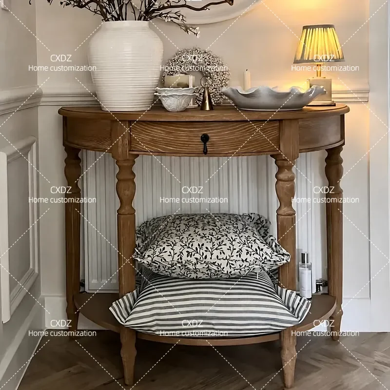 American Rural Retro Semicircular Entrance Cabinet Solid Wood Entry Aisle Table Very Narrow French Log Style Console Platform