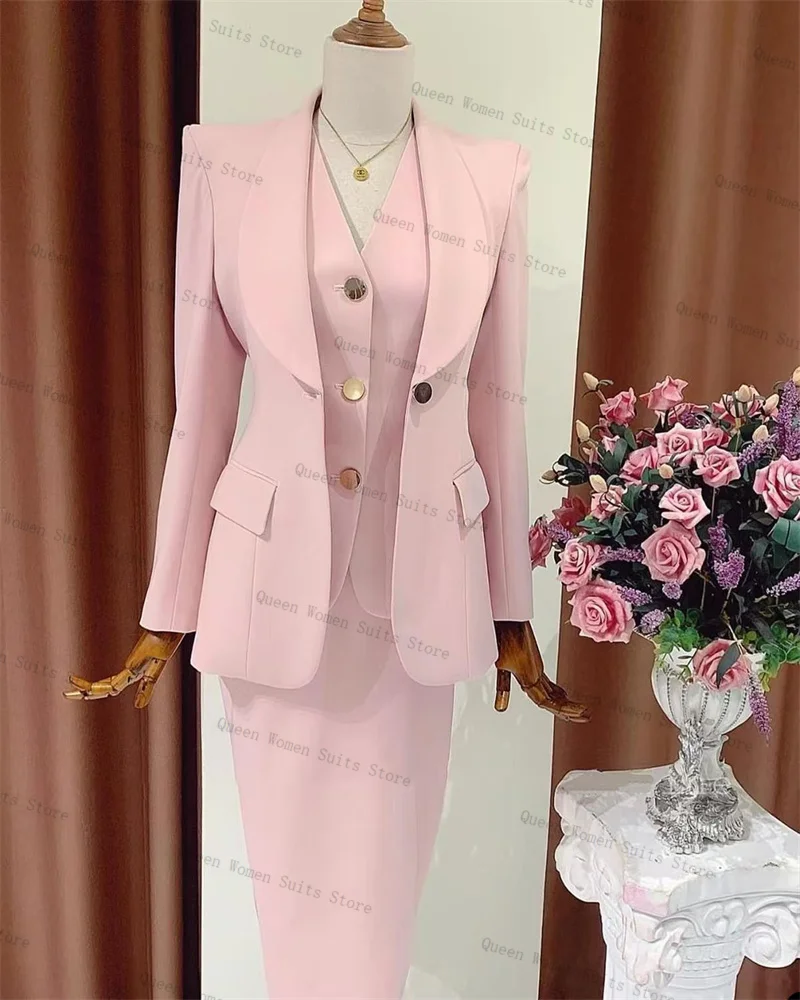 

Pink Women Suit Skirt Set 3 Piece Blazer Vest Prom Dress Guest Formal Office Lady Jacket Cotton Wedding Bride Coat Customized