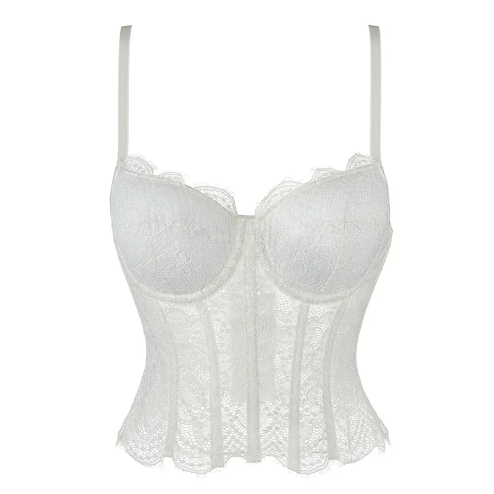 

White Mesh Lace Floral Sexy Overbust Corset Vest Spaghetti Strap With Bra Cup Slimming Bustier Crop Top