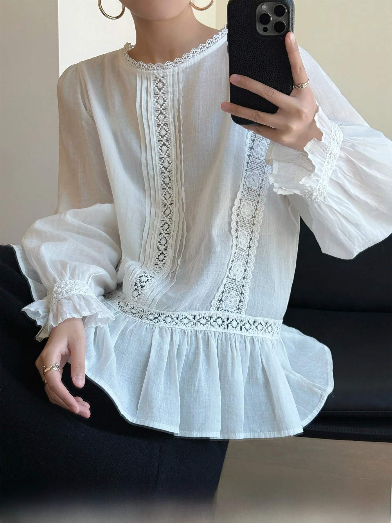 

Tasyavan Vintage Lace Pleated Wave Skirt Shirt Women's Loose Fit Long Sleeve Cotton Gown Cleanfit Style Breathable Skin-friendly