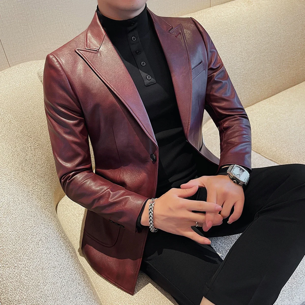 Classics Autumn Winter Leather Suit Jackets Dress Men Solid Slim Casual Business Blazer Office Wedding Social Dress Men Clothing