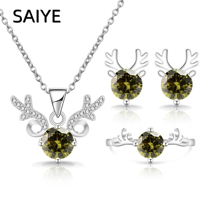 925 Sterling Silver Reindeer Jewelry Set, Pink CZ Deer Antler Pendant Necklace Earrings Ring, Cute Animal Jewelry Gift for Girls