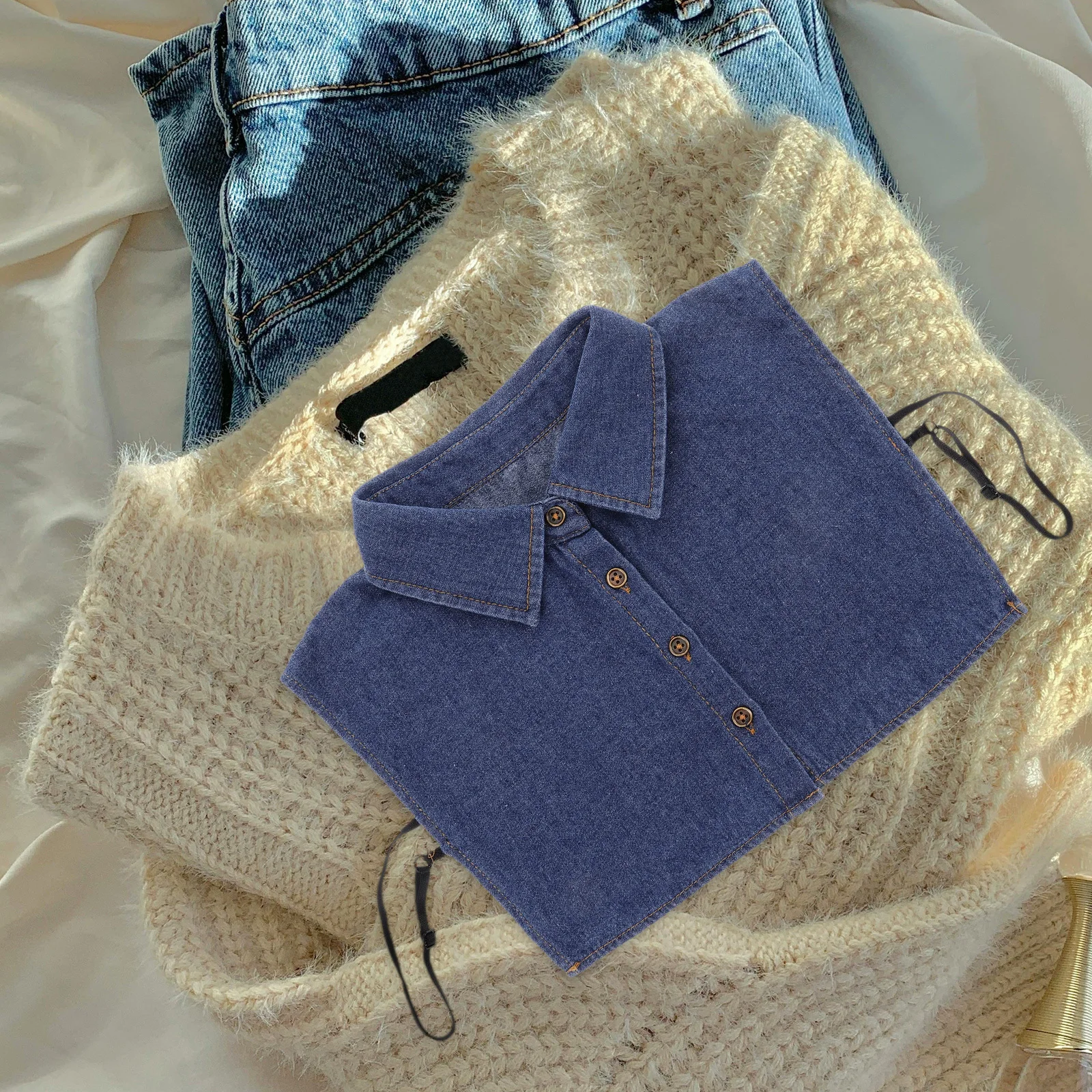 

Fake Collar Half Shirt For Women Men Faux Denim Detachable Chic Korean Style Lapel Top Blue Clothing Collar