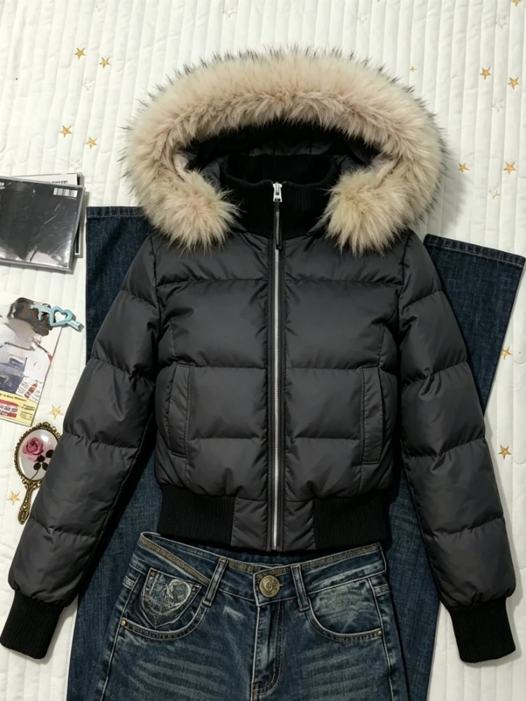 Kurze Daunenjacke mit Kunstfellkapuze für Damen, Y2K-Ästhetik, Japanische Streetmode, Reißverschluss, Langarm, Winter-Oberbekleidung, Modische Oberteile