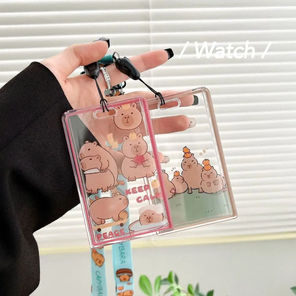 

DIY Animal Capybara Card Holder Sliding Acrylic Cartoon Card Case Transparent with Lanyard Bus Card Cover Girls