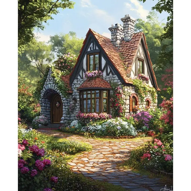 

PhotoCustom Coloring By Number Rural Cottage Handpainted Kits Painting By Numbers For Adult Home Decoration
