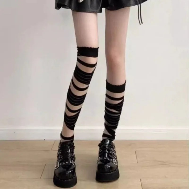Носки с ремешками y2k в стиле Abby Wen Spice Girls, черно-белые повязки, длинные гольфы, женские носки в стиле Лолиты