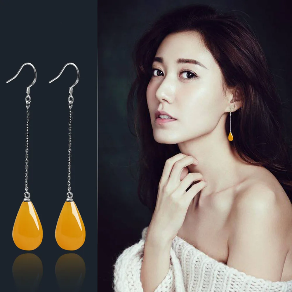 Natural Baltic Amber Water Drop Earrings Women Fine Jewelry Accessories Yellow Blue Amber-beads Earrings Gifts For Ladies