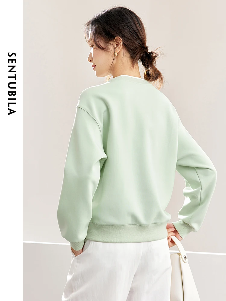 SENTUBILA Women Embroidery Sweatshirt 2024 Spring Autumn Round Neck Fashion Spliced Comfort Loose Long Sleeve Tops 141A53188