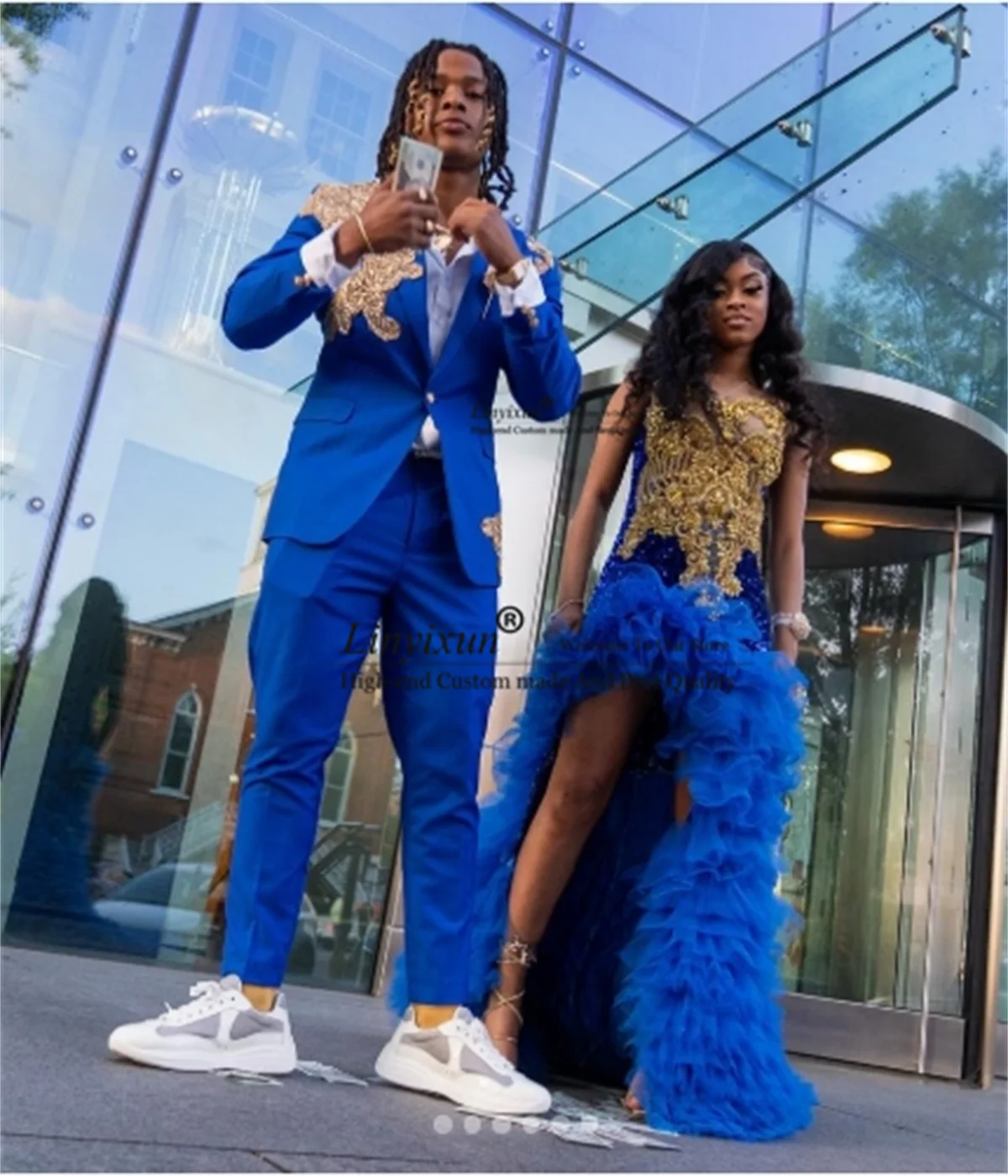 

Glitter Appliques Lace Ornament Tuxedo Men Suit Customized Slim Fit Groom Prom Blazers 2 Pieces Sets Wedding Ternos Completo