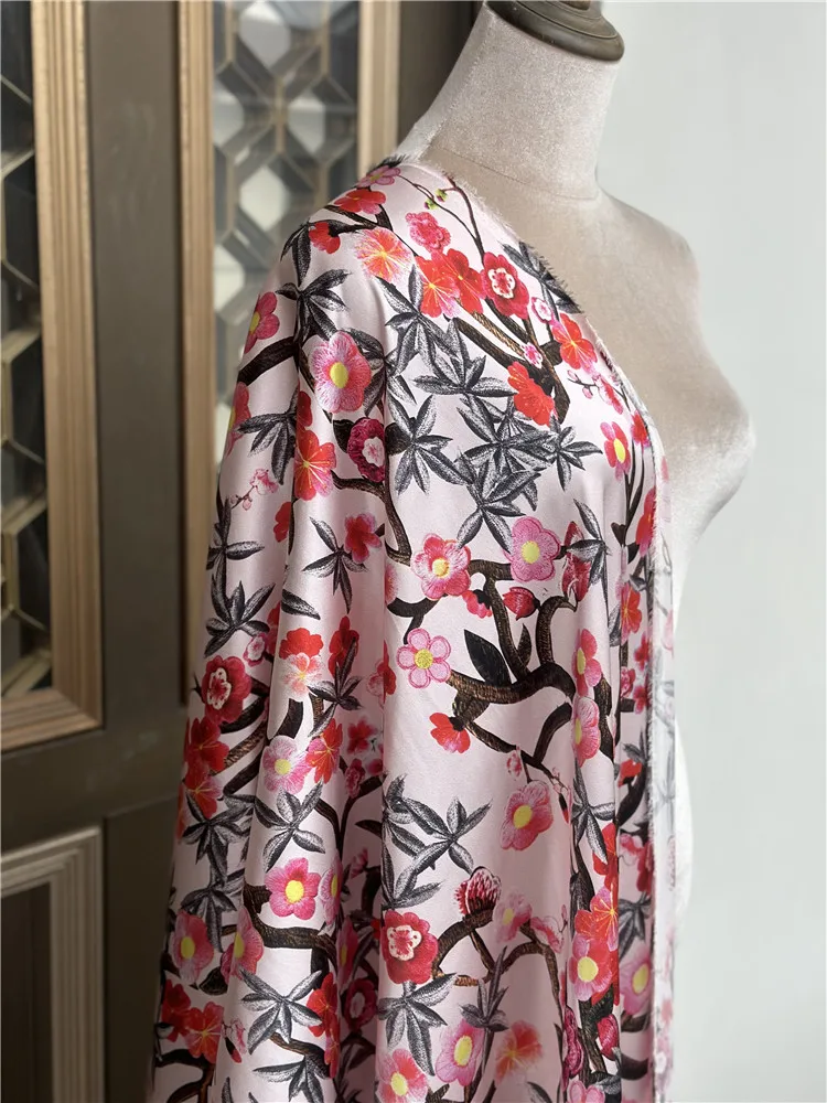 1 meter 95% Mulberry Silk 5% Spandex 21 momme Heavy Charmeuse Silk Fabric Pink Floral Printed 105cm 41.3\