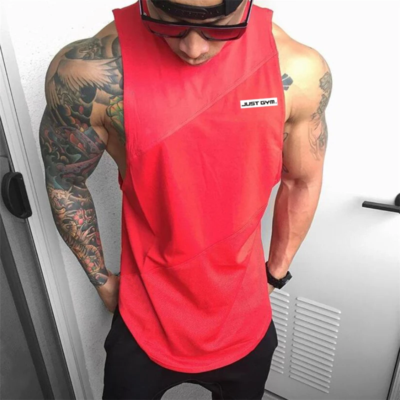 Gym Bodybuilding Sleeveless Loose Tank Tops Summer Breathable Mesh Cotton Stitching Shirts Mens Fitness Sport Absorb Sweat Vests