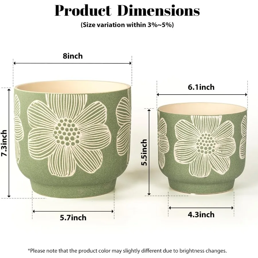 YBX 8 Inch + 6 Inch White Flower Pattern Plant Pots Sand Glazed Ceramic Planter with Drainage Hole Flower Pots for Indoor Plant