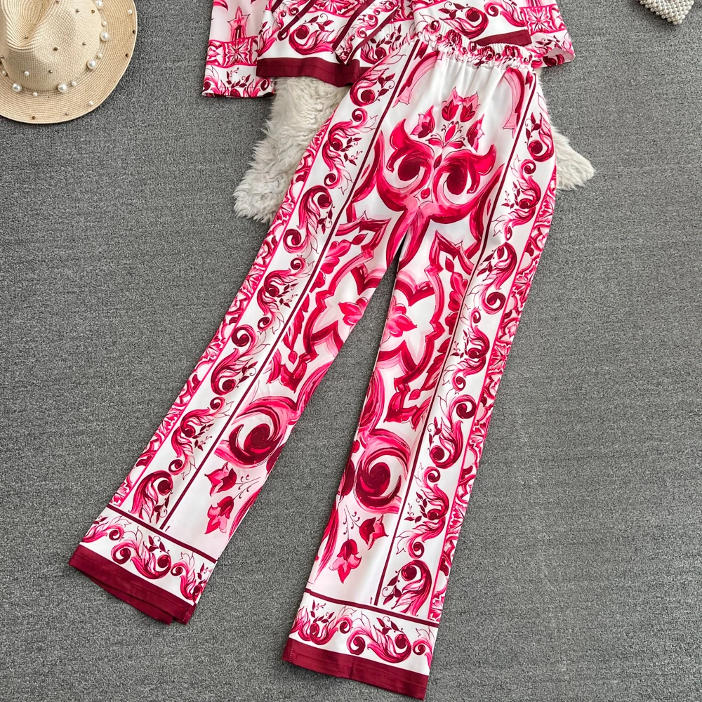 JAMERARY Autumn Porcelain Floral Two Piece Sets Women Long Sleeve Shirts Red White Blouses + Skinny Pants Suits Runway