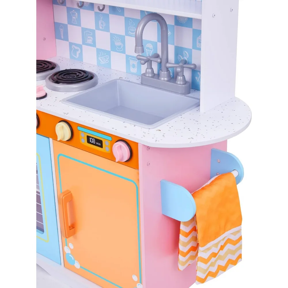 Kids Kitchen Set, Pretend Wooden Play Kitchen with Chalk Board, Play Phone, Rack & Ice Dispenser, Clicking Knobs