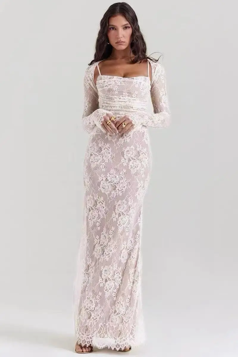 Women Lace Embroidery Flower Strapless Back Lace-up Slim Fit Long Dress with Long Sleeve Shawl