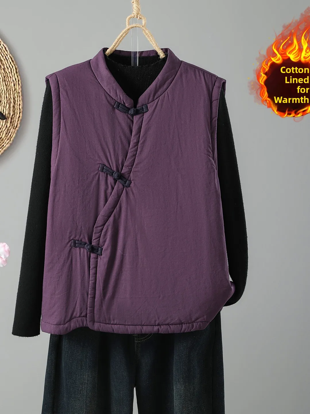 Winter Cotton Linen Unisex Warmth Outerwear Buttoned Sleeveless Vest Casual Regular Length Pure Color Home Wear Thickened