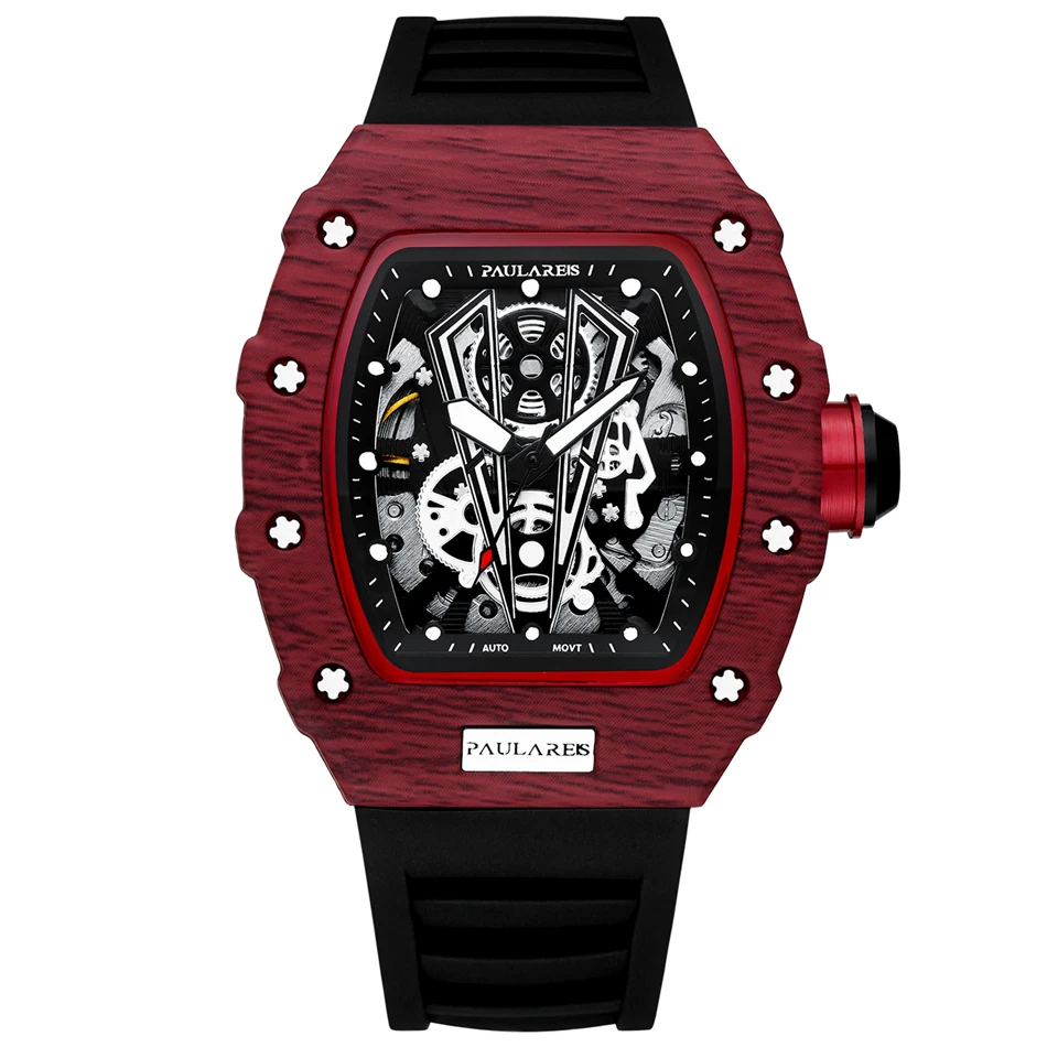 Men Automatic Self Wind Skeleton Mechanical Red Black Rubber Strap Richard Fashion Tonneau Watch