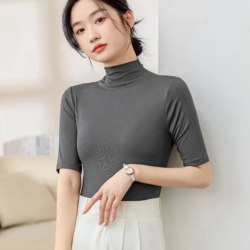 Half Sleeve Women T-shirt Strecth Slim Fit Fashion Turtleneck Bottoming Shirt Fashion Korean Spring Summer Basic Under Shirt Top