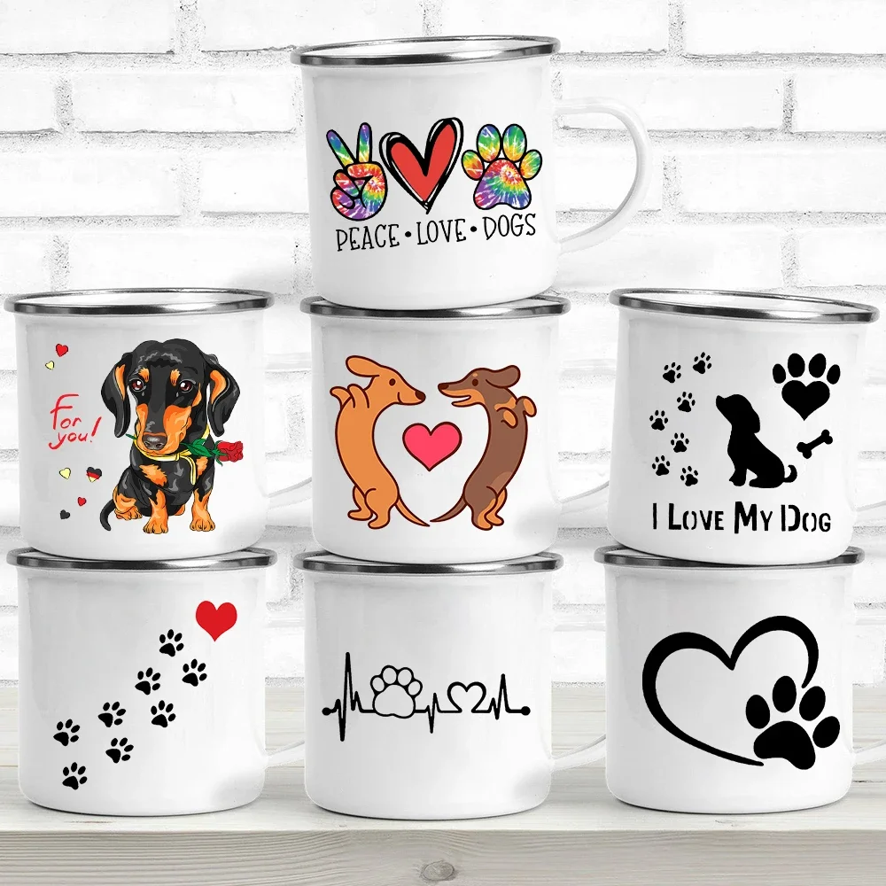 Peace Love Dogs Print Creative Enamel Coffee Mugs Cartoon Dachshunds Dog Paw Party Beer Juice Milk Cups Friend Birthday Gifts