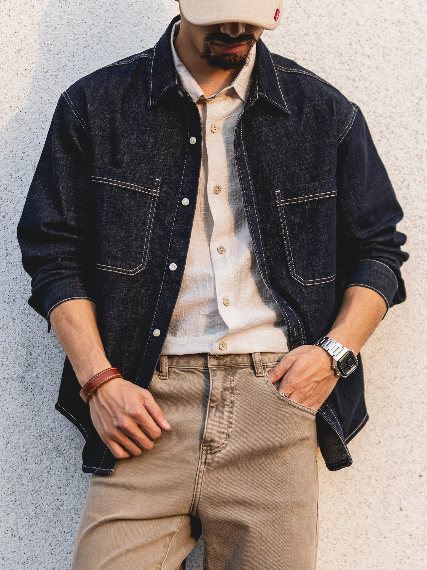 American Retro Linen Polyester Blend Men's Denim Shirt Long Sleeve Workwear Loose Fit Youth Trend Spring Autumn New Arrival