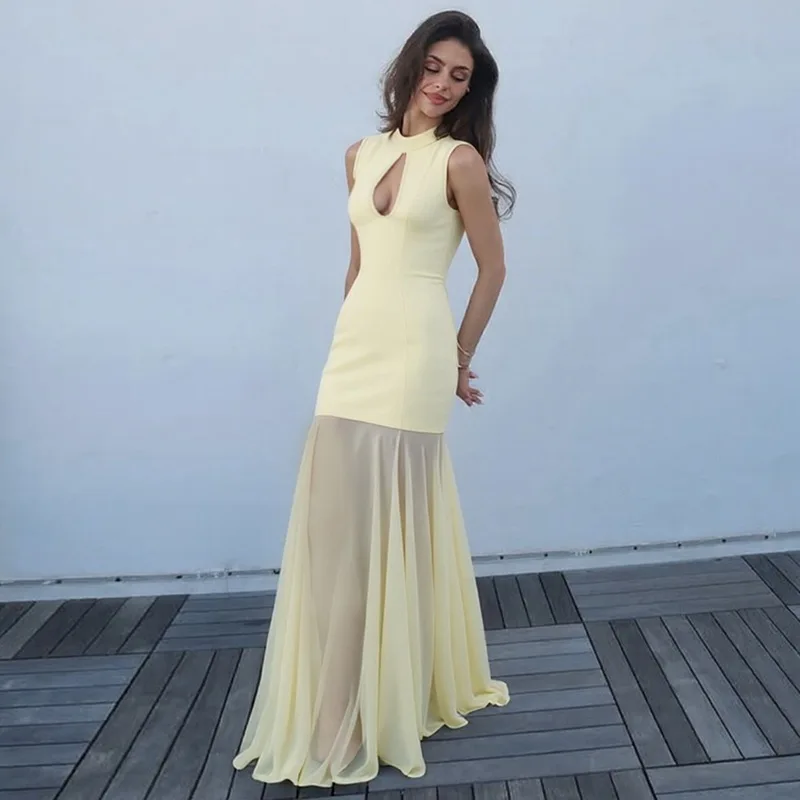 TARUXY Seksowna Sukienka z Wycięciami Elegancka Letnia Nowa Moda Bez Rękawów Szyfonowa Sukienka z Wstawkami Jednolita Długa Sukienka Damska na Imprezę