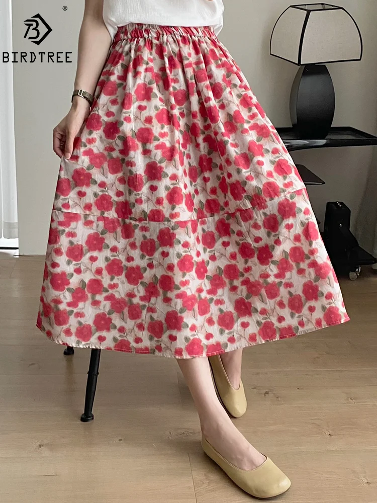 New Spring Cotton A-Line Skirts Women Elastic Waist Flower Printing Skirt Girl Sweet Casual Loose Skirt 2024 Summer B45045QM