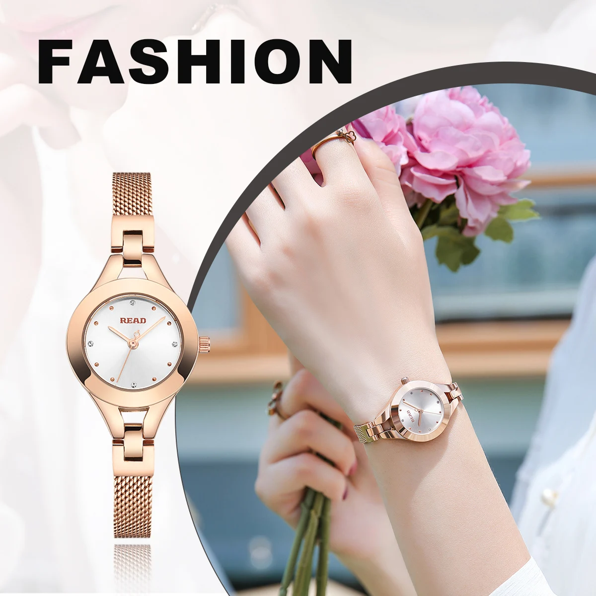 READ Women Quartz Wrist Watch | Rose Gold Stainless Steel Mesh Strap | 30M Waterproof Analog Ladies Dress Watch