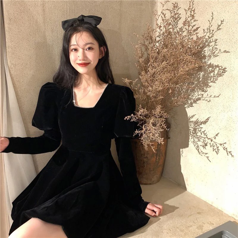 MEXZT Vintage Black Velvet Mini Dress Women Party Square Collar Dresses Ladies Korean Elegant Puff Long Sleeve Bodycon Vestidos