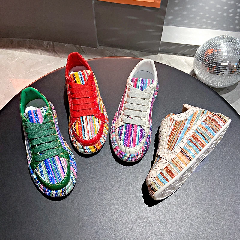 

Luxury Skate Shoes Platform Mid-heel Casual Sneakers Lace-up All-match Beaded Women Tennis Rhinestone Fashionable Women Shoes