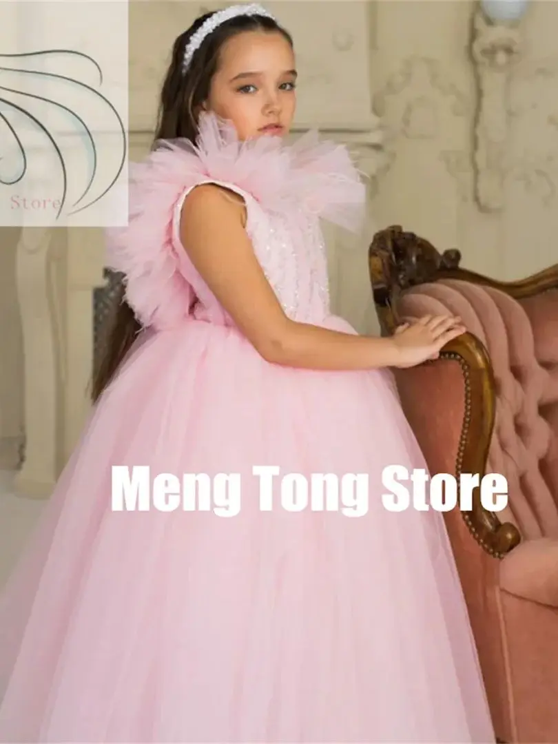 女の子のためのパーソナライズされたフラワードレス,ピンクのチュール,きらびやかなスパンコール,ノースリーブ,結婚式,誕生日パーティー,宴会,プリンセスドレス