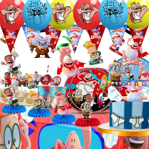 Game Captain Underpant Funny Theme Party Decoration Supplies Party Set Paper Cup Plate Sticker Gift Bag Napkin Flag Topper Gifts