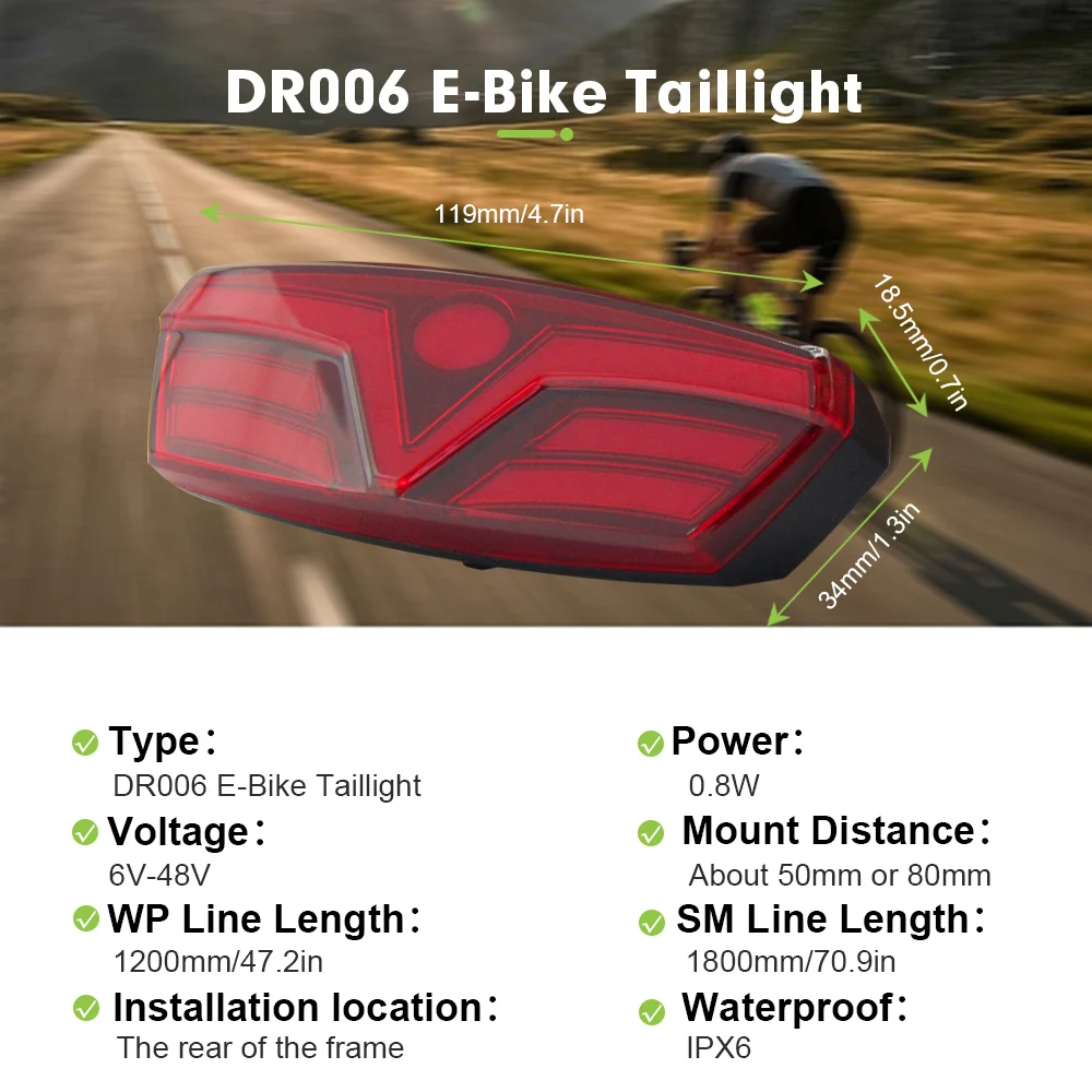 6V-48V Ebike DR006 Rear Light 2pin SM/WP Plug for Safety Night Riding Warning E-bike Scooter Taillights Cycling Accessories