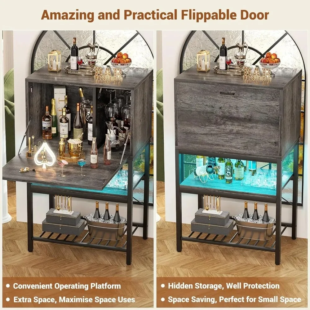 Flippable Bar Cabinet with LED & Power Outlets, 4-Tier Home Bar with Flippable Door, Tall Liquor Cabinet with Glass Holde