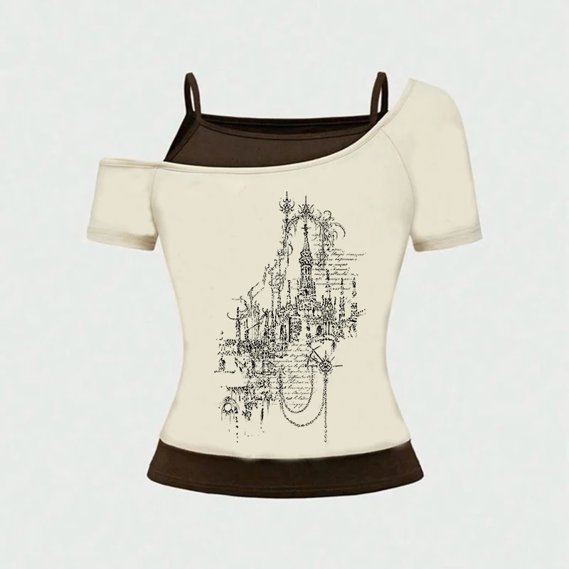 2000 년대 하이 스트리트 크리에이티브 코믹 패턴 프린트 티 고딕 펑크 Y2K 레트로 슬림 탑 패션 다목적 섹시한 클래식 여성 티셔츠