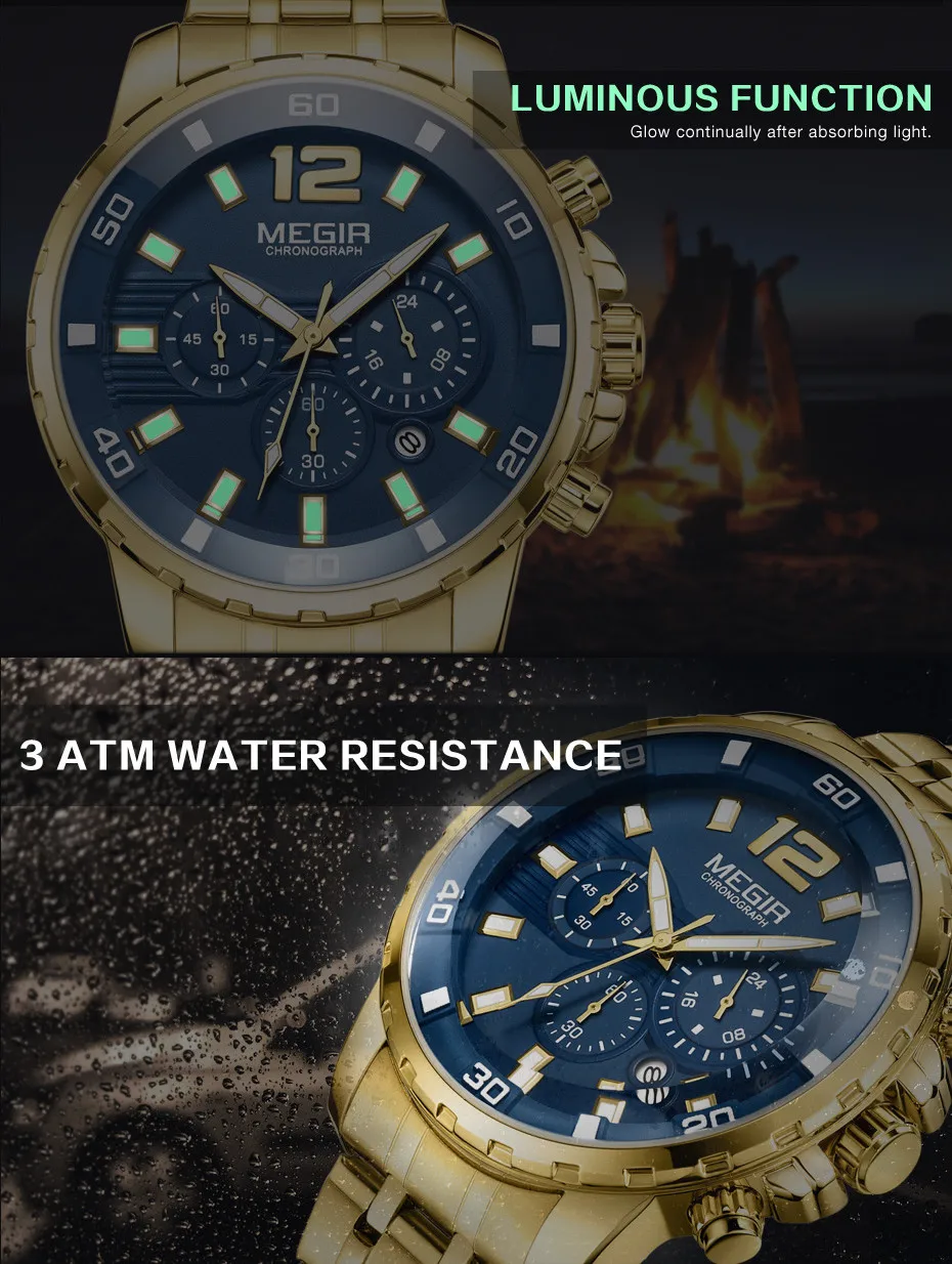 MEGIR Stainless Steel Military Watches for Men Luxury Quartz Business Wristwatch Luminous Waterproof Date Clock Chronograph 2068