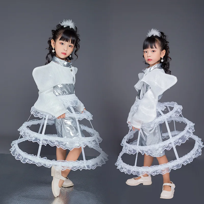 

Girls Model Trendy Clothing Children's Runway Show Silver Future Metal Technology Sensory Element Cosmic Car Model Stage Dress