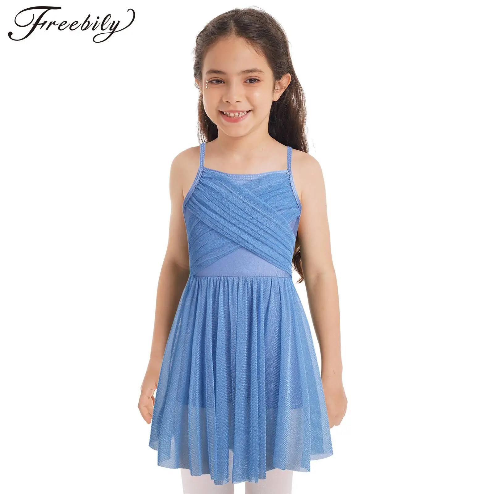 

Детское балетное платье для девочек, блестящее Сетчатое гимнастическое тренировочное лирическое современное танцевальное балерина, костюм для выступления на сцене