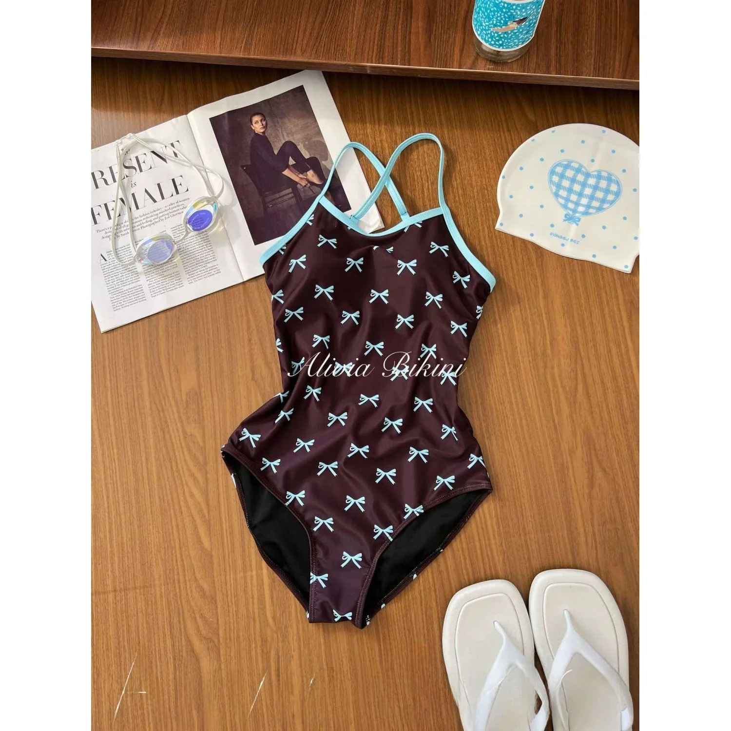 Mint  Color One-Piece Swimsuit Women's Competitive  Knot Design White Enhancing Professional Swimming Suit
