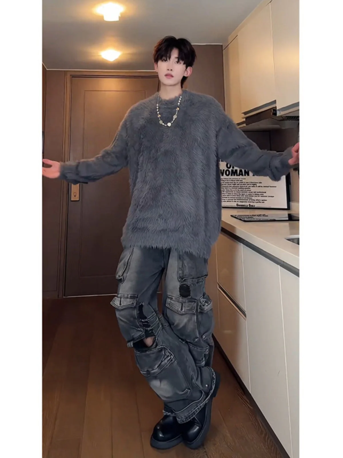 

Трикотажная кофта Deep ey Camere с круглым вырезом, утепленная, осенне-зимняя верхняя одежда, на флисовой подкладке, повседневная, свободного кроя