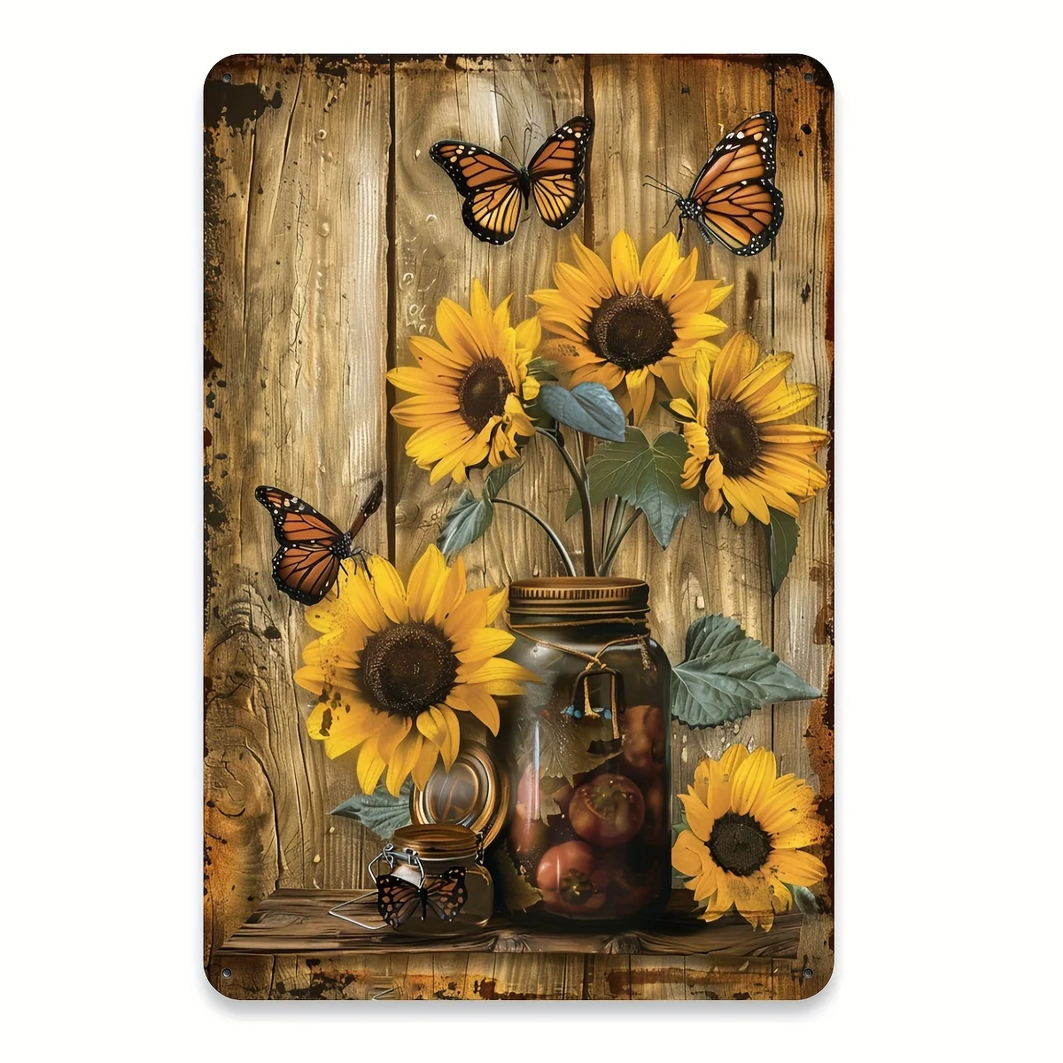 1pc Retro Sunflower Metal  Sign  - Vintage Wall Art with Sunflowers, Butterflies & Mason Jar Design, Durable Indoor/Outdoor