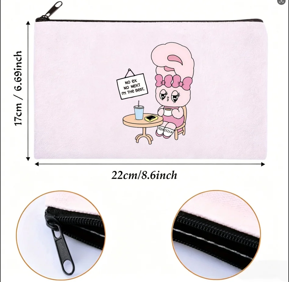 1PC Double-sided Canvas Pouch Trendy Pink Rabbit Coffee Time Zipper Cosmetic Storage Bag